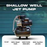 PS&W 1.5HP Shallow Well Pump with Pressure Tank, 1500GPH, 115V, Stainless Steel Irrigation Pump, Automatic Water Booster Jet Pump for Home, Garden, Lawn