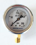 Houston GAUGES 2-1/2inch Dial Size, Liquid Filled Pressure Gauge, 0-200psi, 304 Stainless Steel Case, 1/4 inchNPT Lower Mount